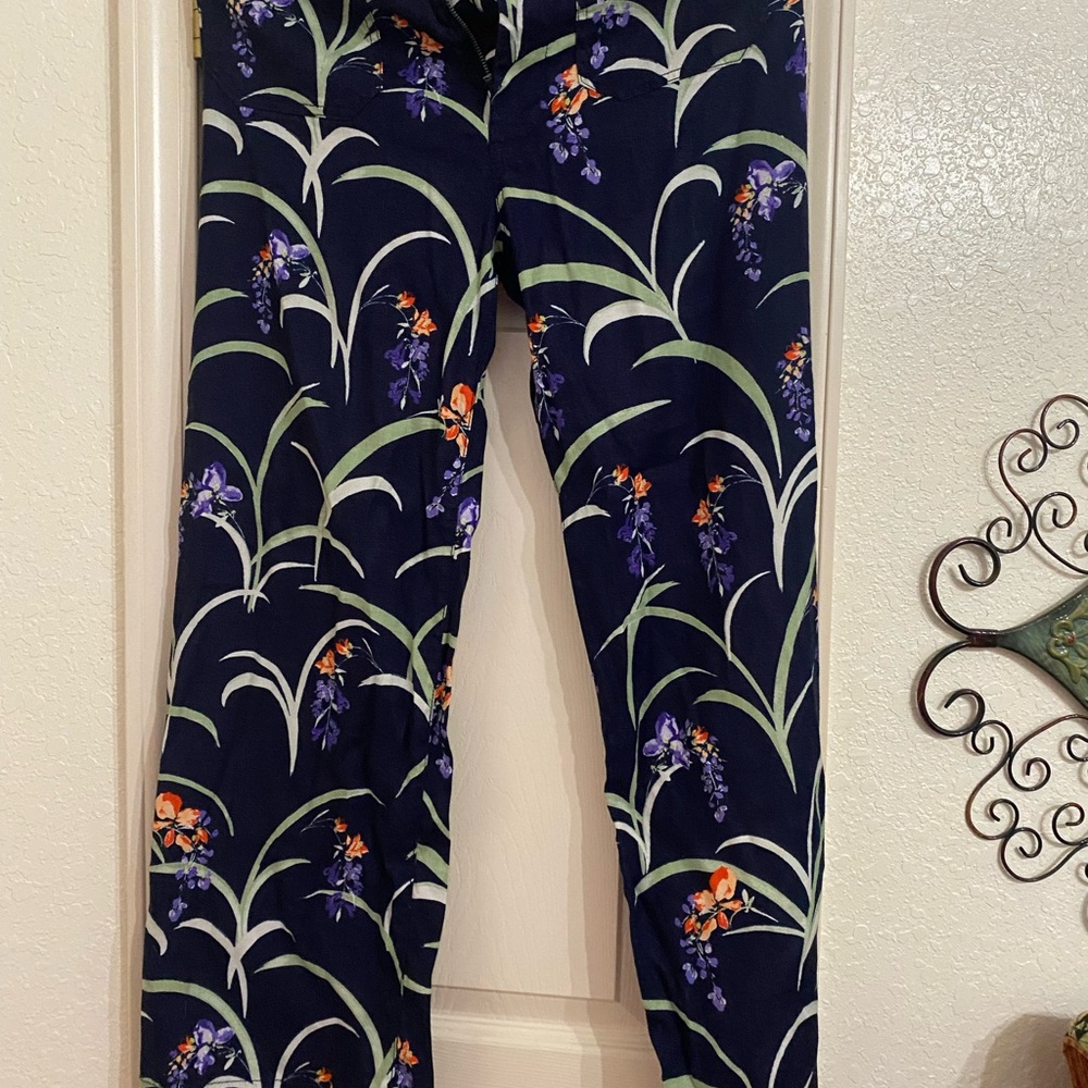 Maeve by Anthropologies Silk navy with a muted green botanicals print